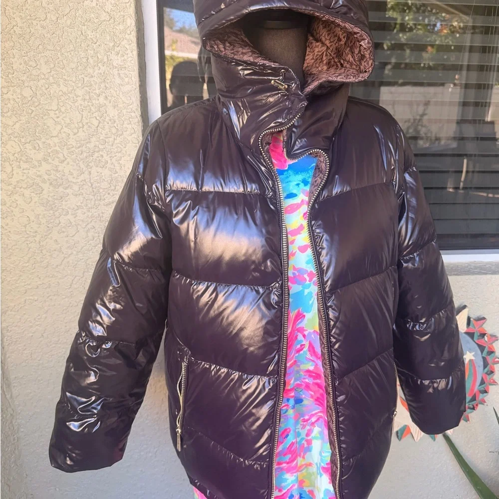 Michael Kors MK Monogram Dark Brown Reversible Puffer Jacket With Gold Hardware